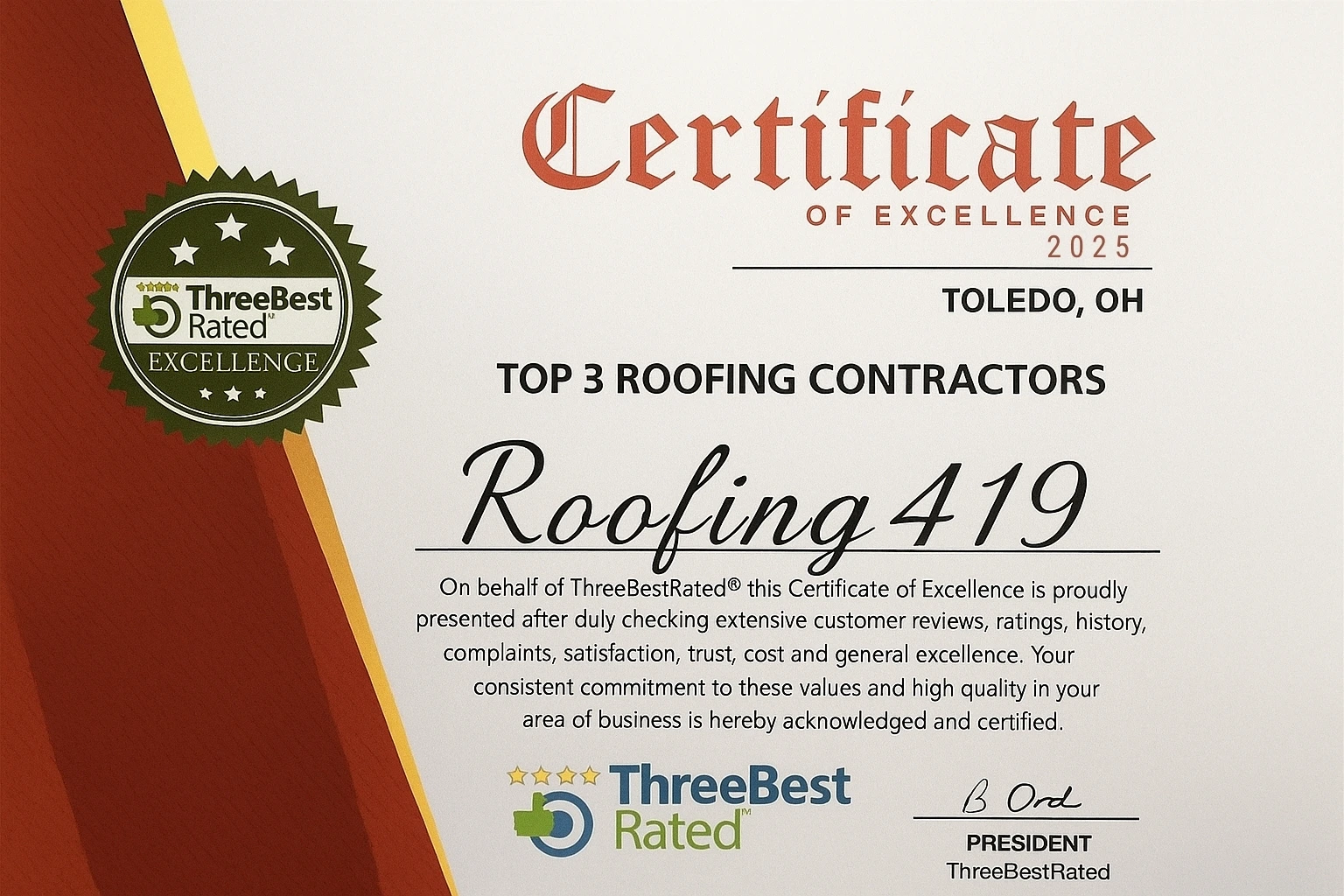 Roofing419 received the Top 3 Roofing Contractors Award 2025 in Toledo Ohio