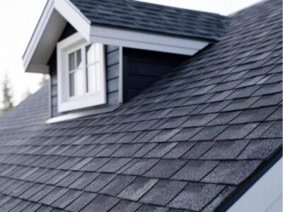 Ann Arbor MI 40 Close up view of dark asphalt shingle roofing with a dormer installed by a roofing contractor near Ann Arbor, Michigan