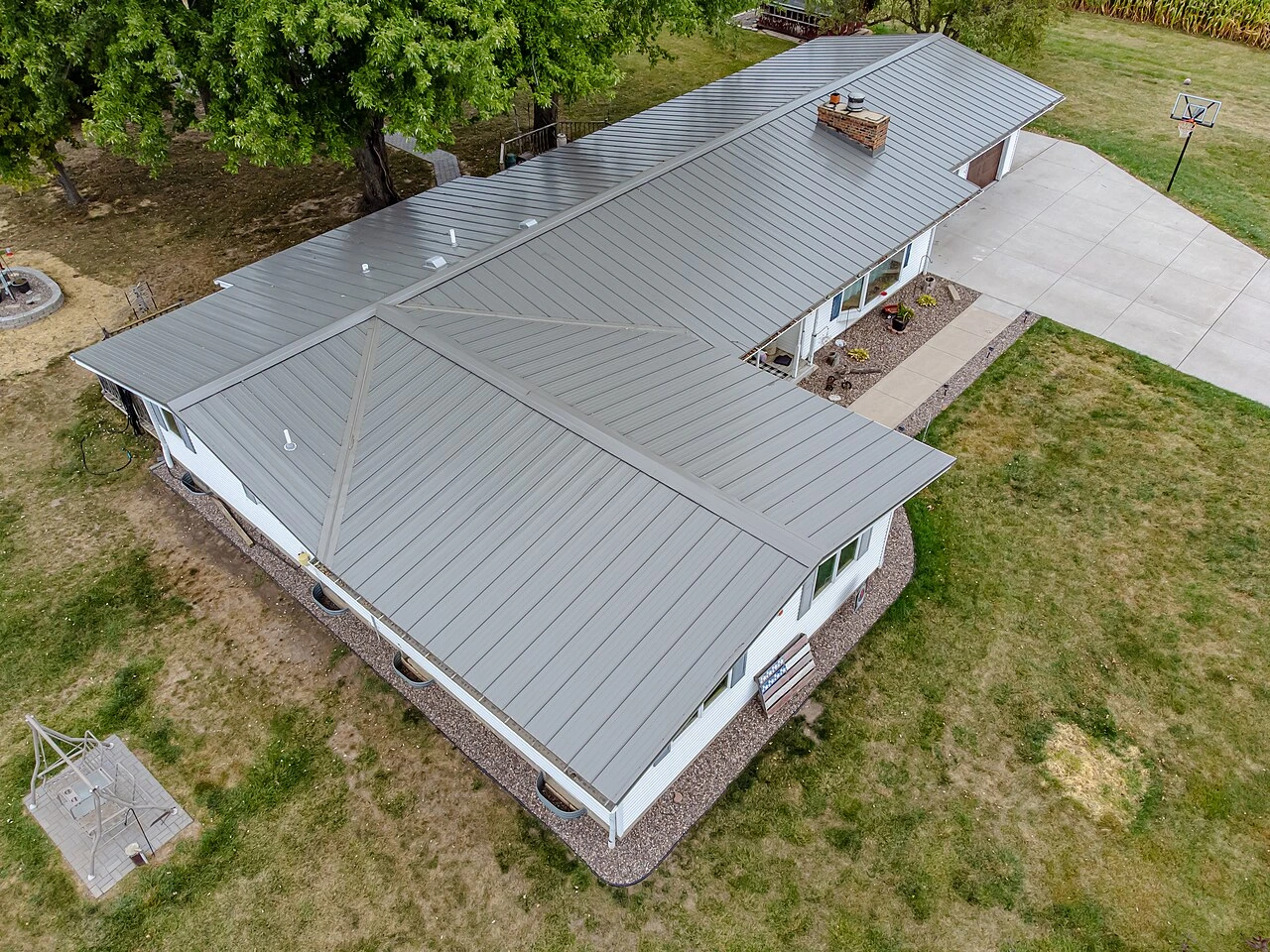 Adrian MI 38 Aerial view of a new standing seam metal roof installed on a home in Adrian, Michigan