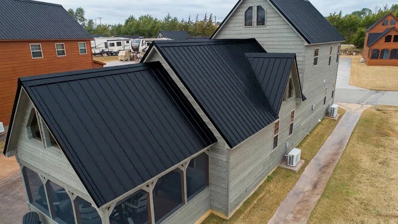 Adrian MI 36 Aerial view of a new black standing seam metal roof installed on a home in Adrian, Michigan