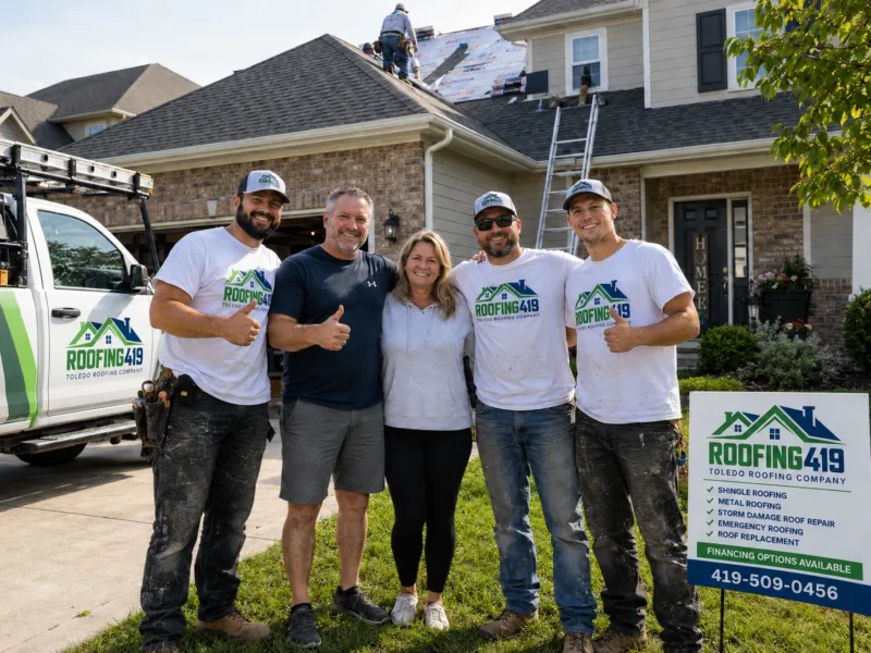 8 Best Roofing Companies in Toledo Ohio 3 Toledo roofing company team standing with a homeowner in front of a residential roof replacement project.