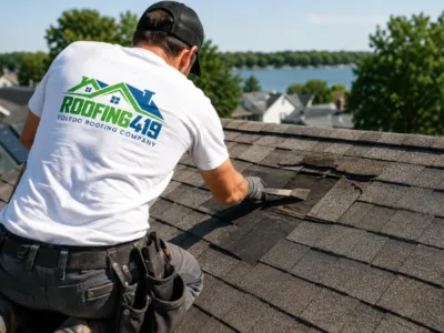 Monroe MI 38 Roofing419 technician repairing an asphalt shingle roof in Monroe MI