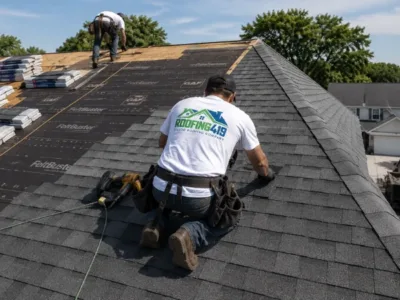 Monroe MI 39 Roofing contractors installing asphalt shingles on a residential roof in Monroe, Ohio.