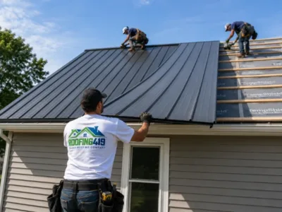 Monroe MI 41 Roofing contractors installing standing seam metal roofing on a residential home in Monroe, Michigan.