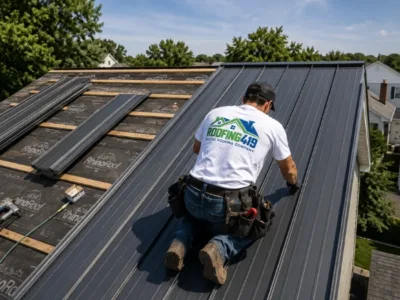 Monroe MI 40 Roofing contractor installing a standing seam metal roof on a residential home in Monroe, Michigan.