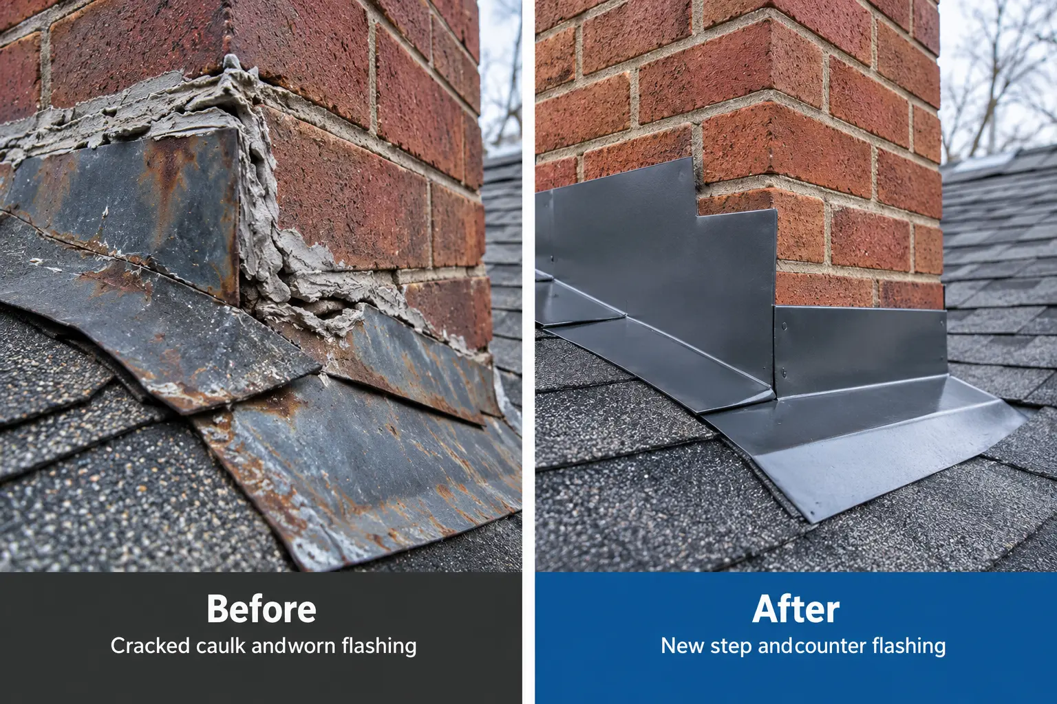 Common Roofing Problems for Homeowners in Toledo, OH 3 Chimney flashing repair before and after showing damaged flashing and newly installed step and counter flashing