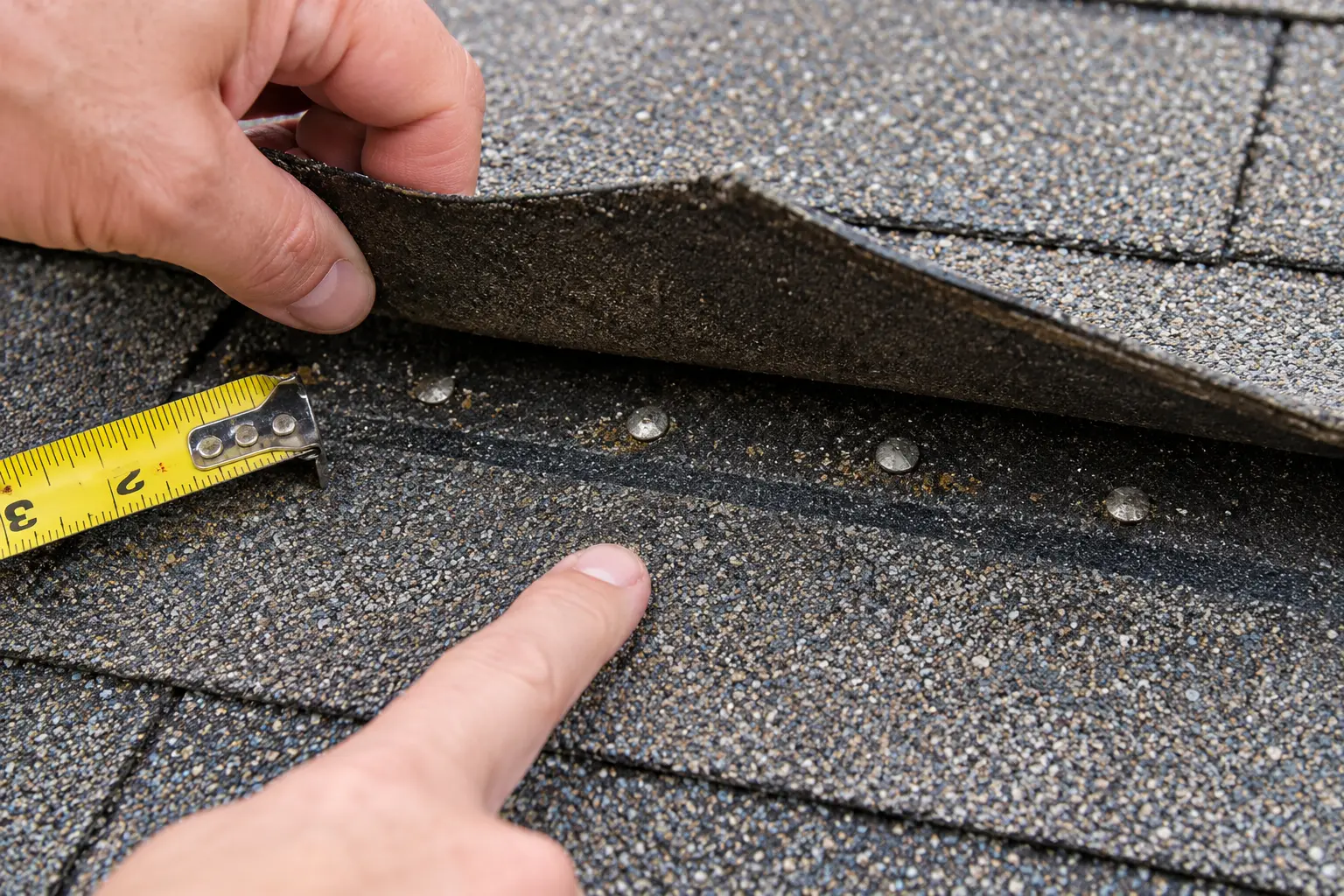 Should Toledo Homeowners Hire a Local or National Roofing Company? 2 Close-up of asphalt roof shingles showing exposed nails and improper nail placement during a roofing inspection.