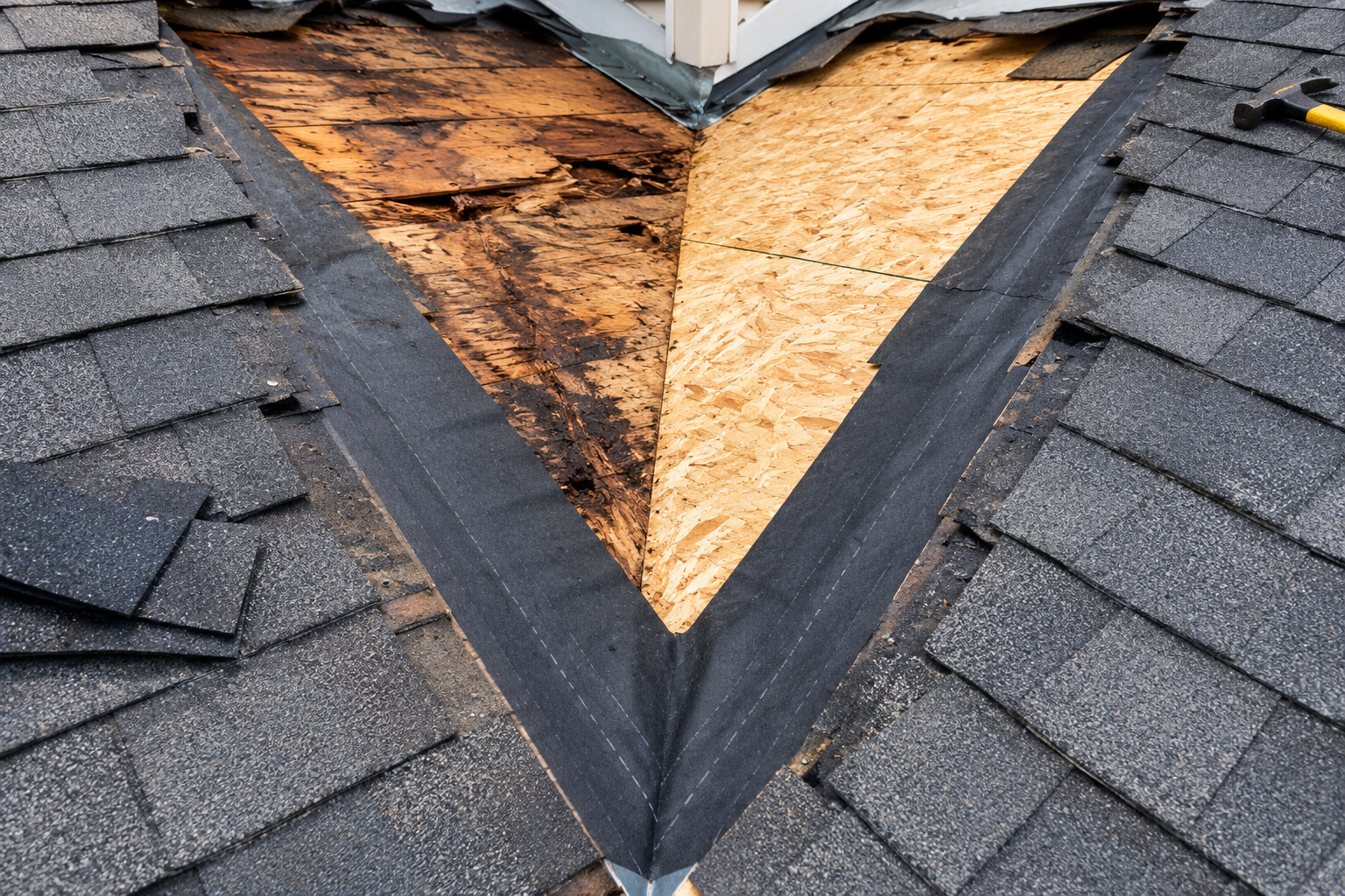Should Toledo Homeowners Hire a Local or National Roofing Company? 3 Roof valley repair showing damaged roof sheathing beside newly installed sheathing and exposed valley flashing.