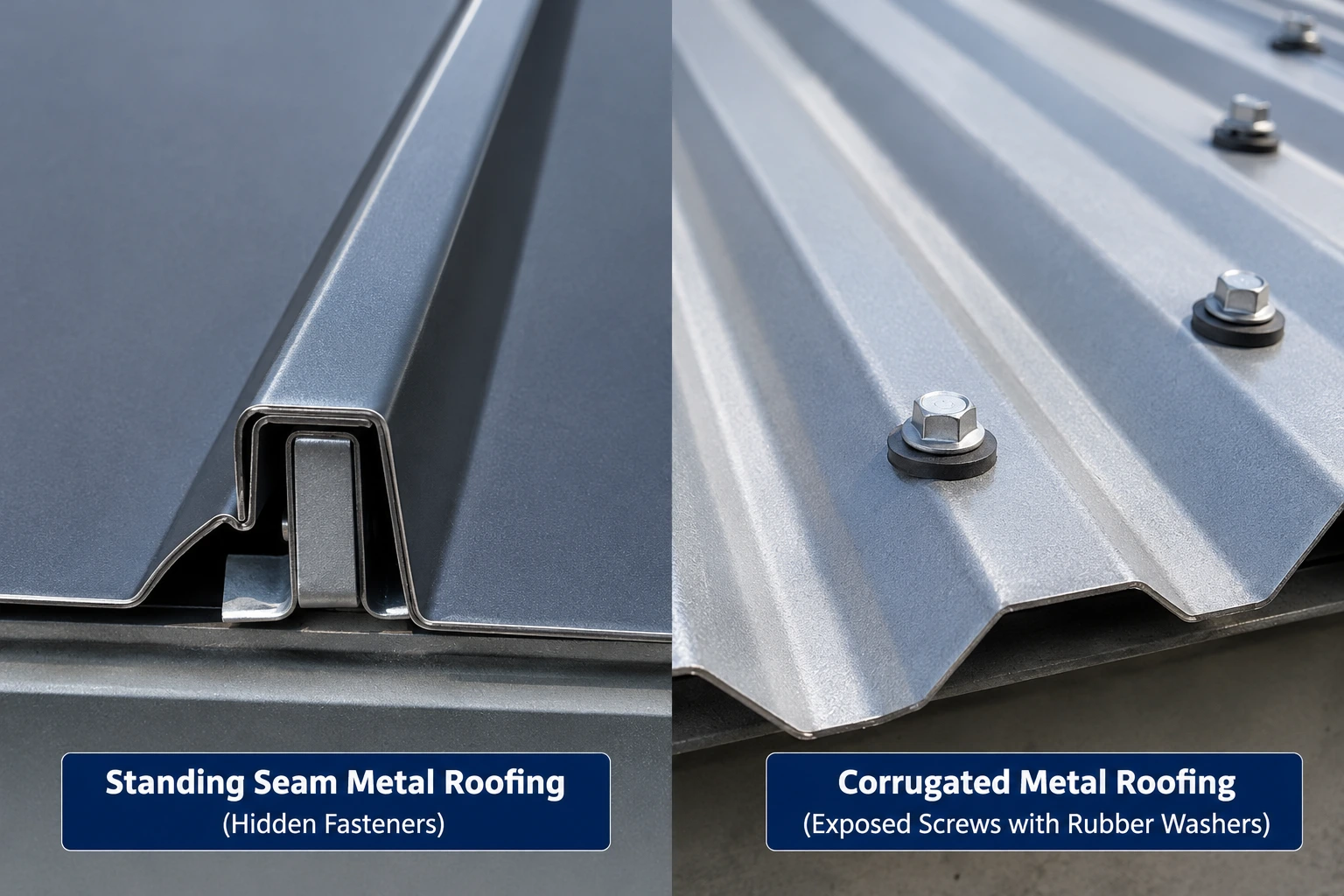 Standing Seam vs Corrugated Metal Roofing in Toledo 2 Close-up comparison of standing seam metal roofing with hidden fasteners and corrugated metal roofing with exposed screws and rubber washers.