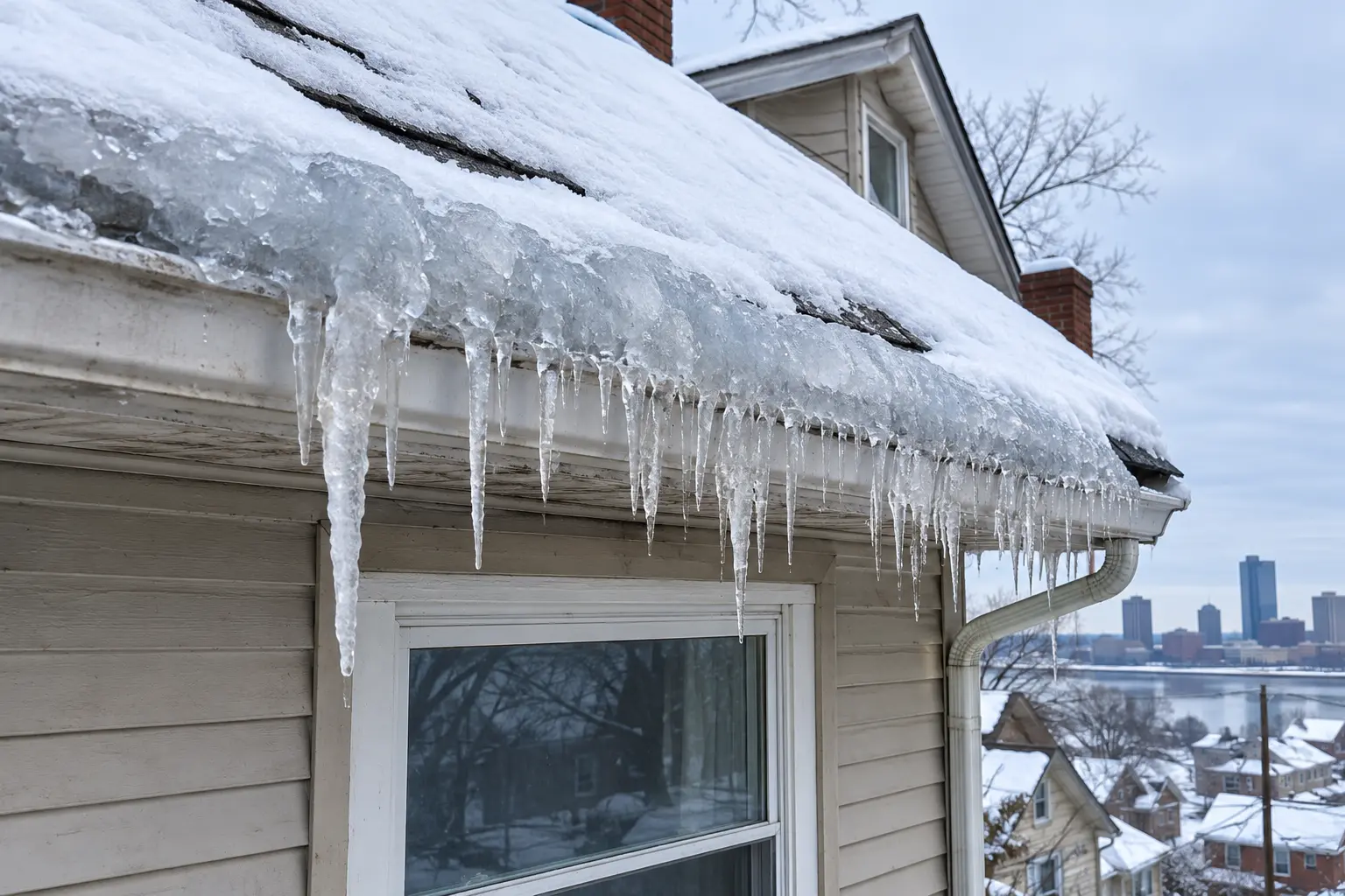 Common Roofing Problems for Homeowners in Toledo, OH 2 Ice dams and hanging icicles along a snow-covered residential roof in winter.