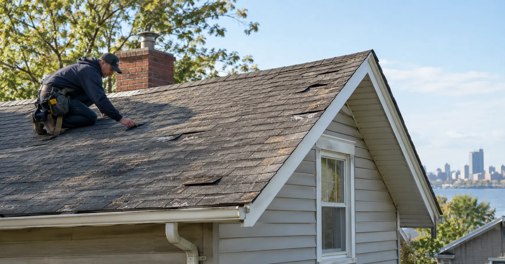 Common Roofing Problems for Homeowners in Toledo, OH 1 Roofing contractor inspecting damaged asphalt shingles on a residential roof in Toledo, Ohio